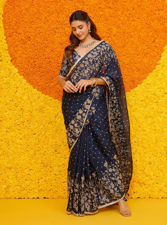 Organza Jigar Navy Saree