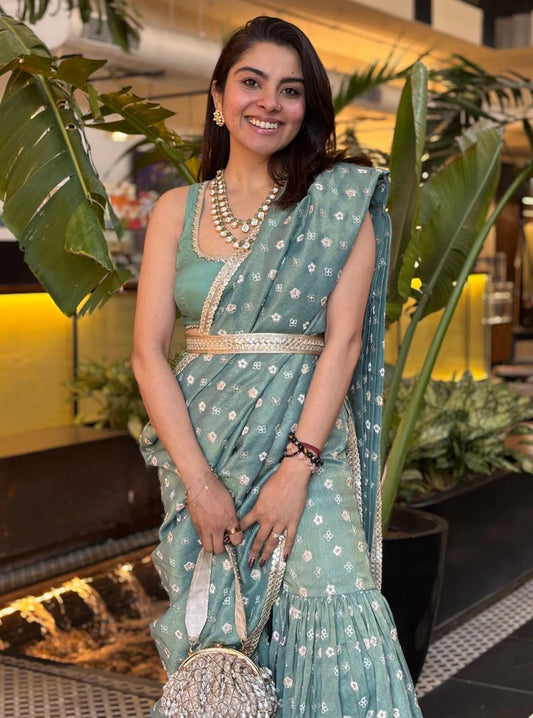 Royal Tissue + Tissue Linen Satin Salome Green Garara Saree